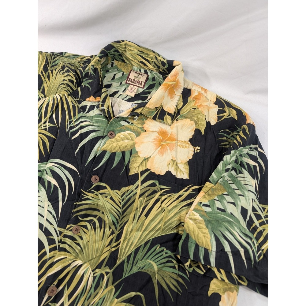 Vintage Tommy Bahama Hawaiian Shirt Men Large Black Tropical Floral Palm Silk